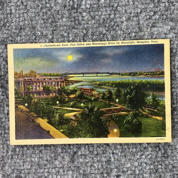 Vtg Memphis TN Postcard Confederate Park Post Office Mississippi River Moonlight - Picture 1 of 6
